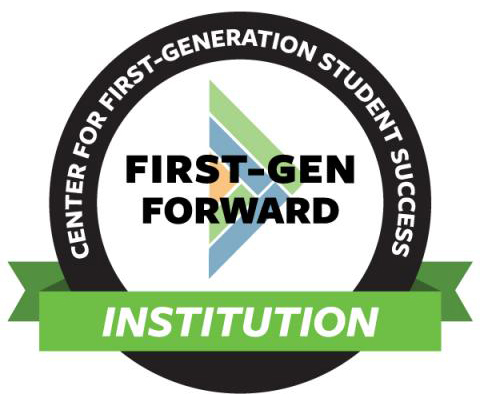 Black circle with white center. First-Gen forward is in the center and a green banner with the word institution is across the bottom of the circle.